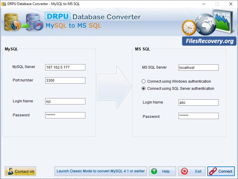 Screenshot vom Programm: Convert MySQL to MS SQL Database